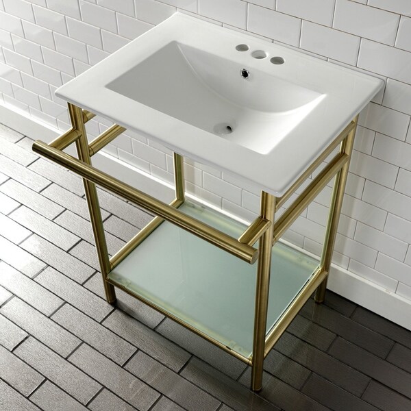 VPB24187W47 24-Inch Ceramic Console Sink (4-Inch, 3-Hole), White/Brushed Brass